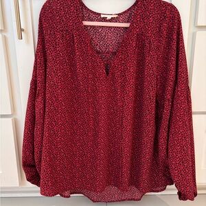 Promesa Red Printed V-Neck Long Sleeve Blouse Size L